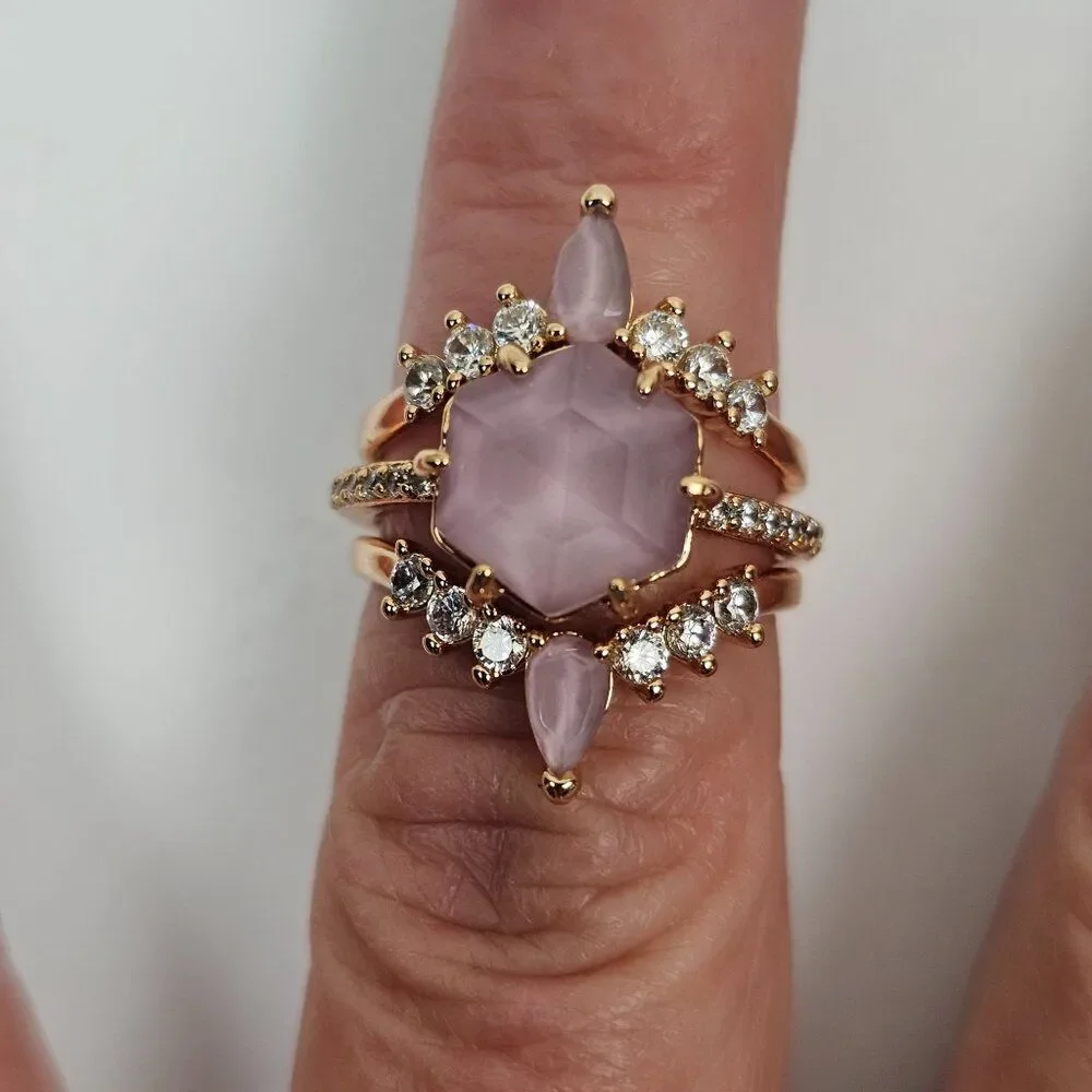 Bomb Party BP Ring Watch Me Win RPB6128 Pink Moonstone Sz 5 Halo Rose Gold Pltd‎